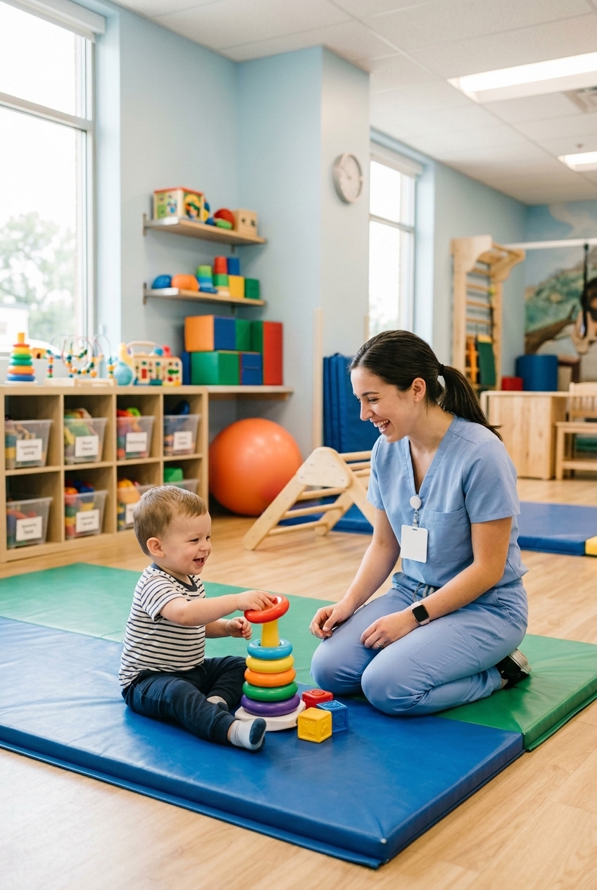 A pediatric therapist in blue scrubs kneeling on a therapy mat, playing with colorful stacking rings and a happy smiling toddler in a bright clinic therapy room.